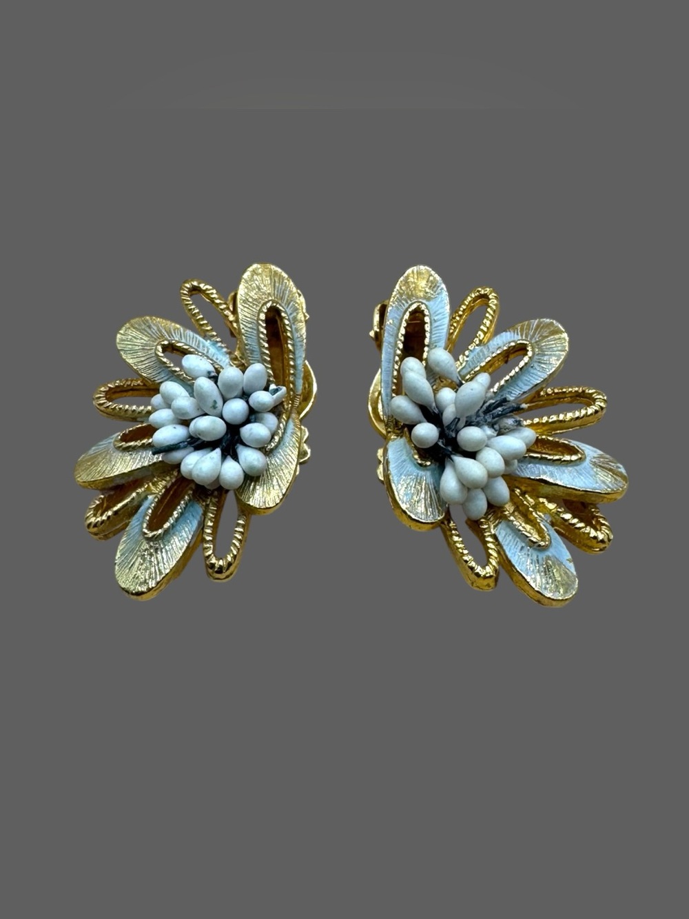Vintage Gold-Tone Floral Clip-On Earrings White Milk Glass Bead Cluster Statemen